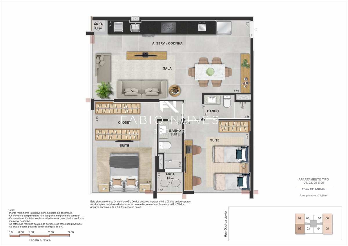 Planta de 2 suítes - 71,65m2. - Apartamento à venda, no Sky Barra Smart Life,  em Rio de Janeiro, Barra Olímpica, com 2 quartos, 71,65m²