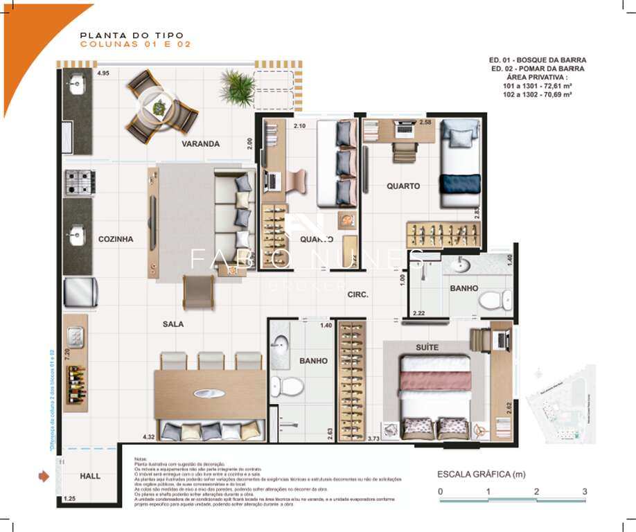 Planta do Apartamento. - Apartamento à venda, no Jardim da Barra,  em Rio de Janeiro, Barra Olímpica, com 3 quartos, 70,41m²