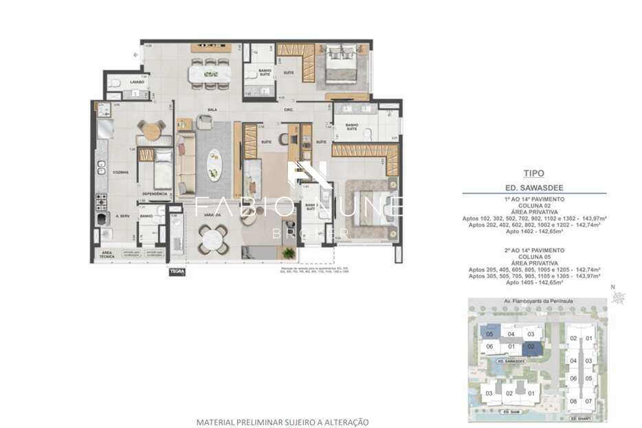 Planta do Apartamento. - Apartamento de luxo à venda, no Gran Thai,  em Rio de Janeiro, Barra da Tijuca, com 3 quartos, 143,00m²