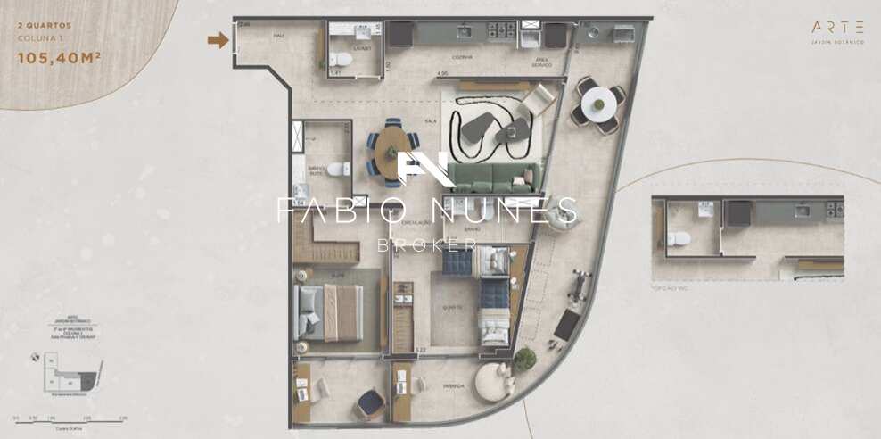 Planta do Apartamento. - Apartamento de luxo à venda, no Arte Jardim Botânico,  em Rio de Janeiro, Jardim Botânico, com 2 quartos, 105,00m²