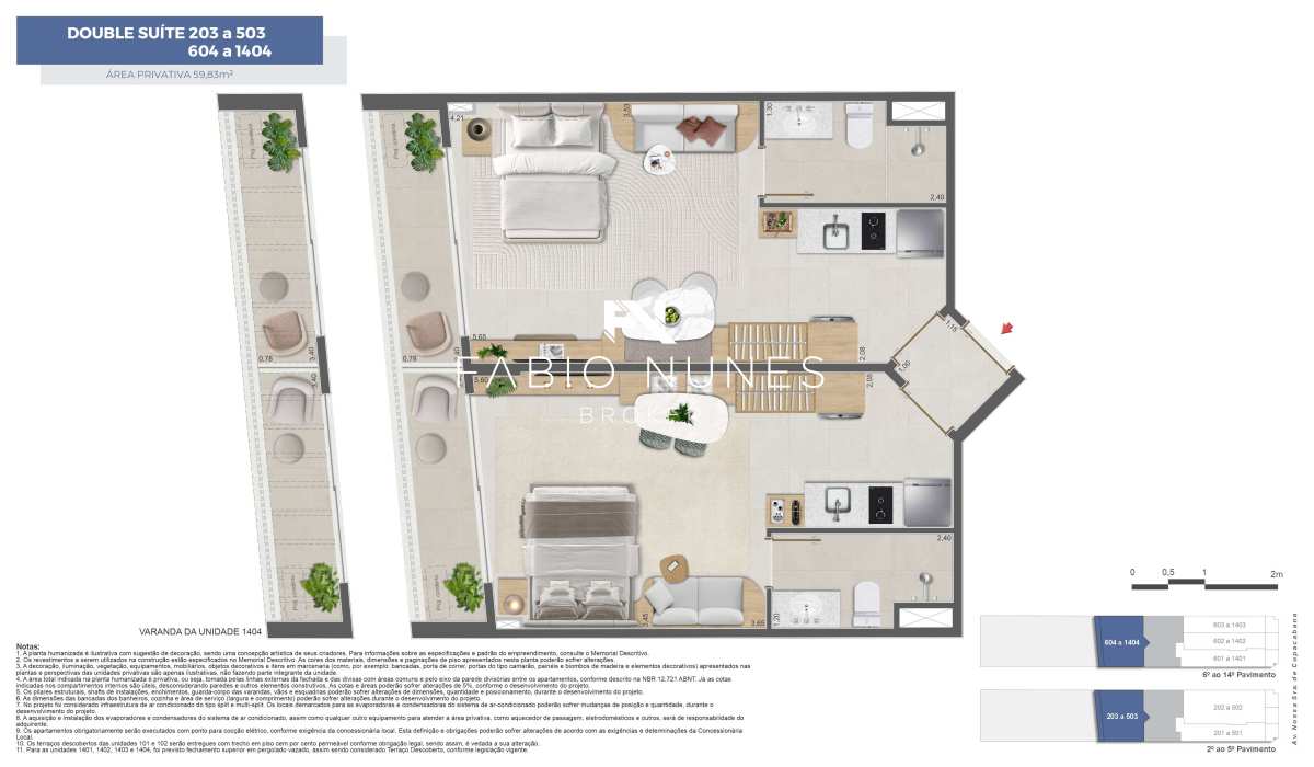 Planta do Double Suite - Double Suite à venda, no Copa Studios, , Copacabana, com 2 quartos, 59,00m²