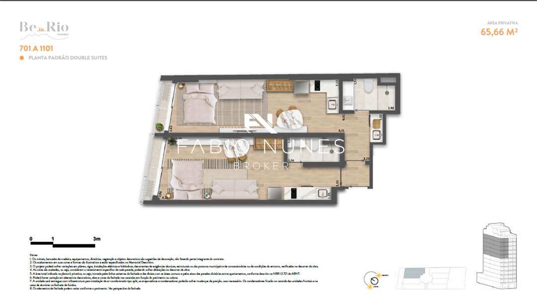 Planta do Double suites - Double Suite à venda, no Be in Rio Toneleiro, , Copacabana, com 2 quartos, 65,66m²