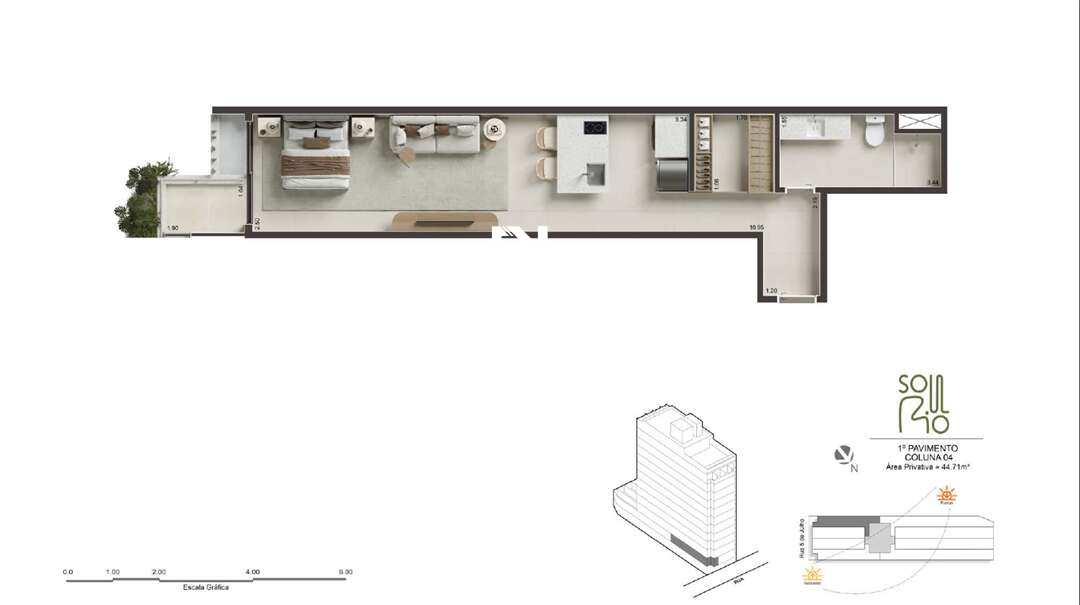 Planta do Studio. - Studio à venda, no Soul Rio 5 de Julho,  em Rio de Janeiro, Copacabana, com 1 quarto, 44,71m²
