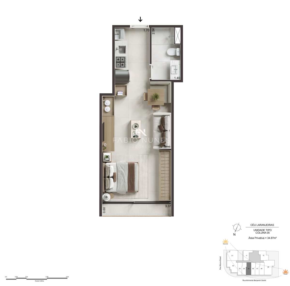  - Studio à venda, no Céu Laranjeiras em Rio de Janeiro, Laranjeiras, com 1 quarto, 34,87m²