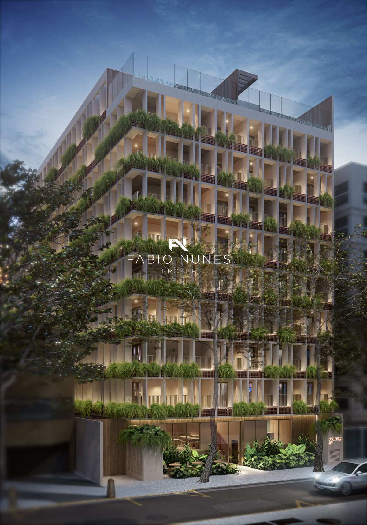 Fachada Lateral com jardineiras. - Studio à venda, no Guilhem Mozak,  em Rio de Janeiro, Leblon, com 1 quarto, 32,65m²